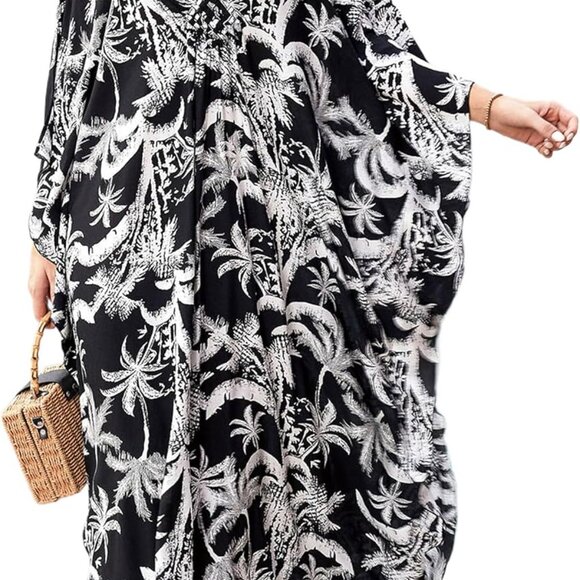 Plus Size Viscose Kaftan Dress Beach Cover Up V-Neck Batwing Sleeves - Picture 1 of 7